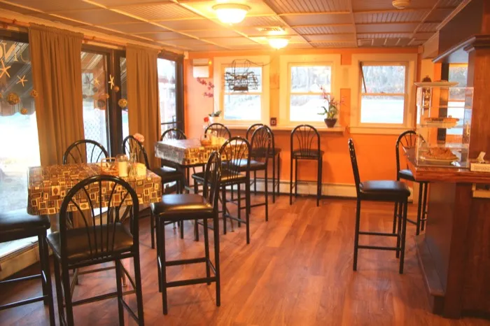 Dining room and bar glowing in warm light